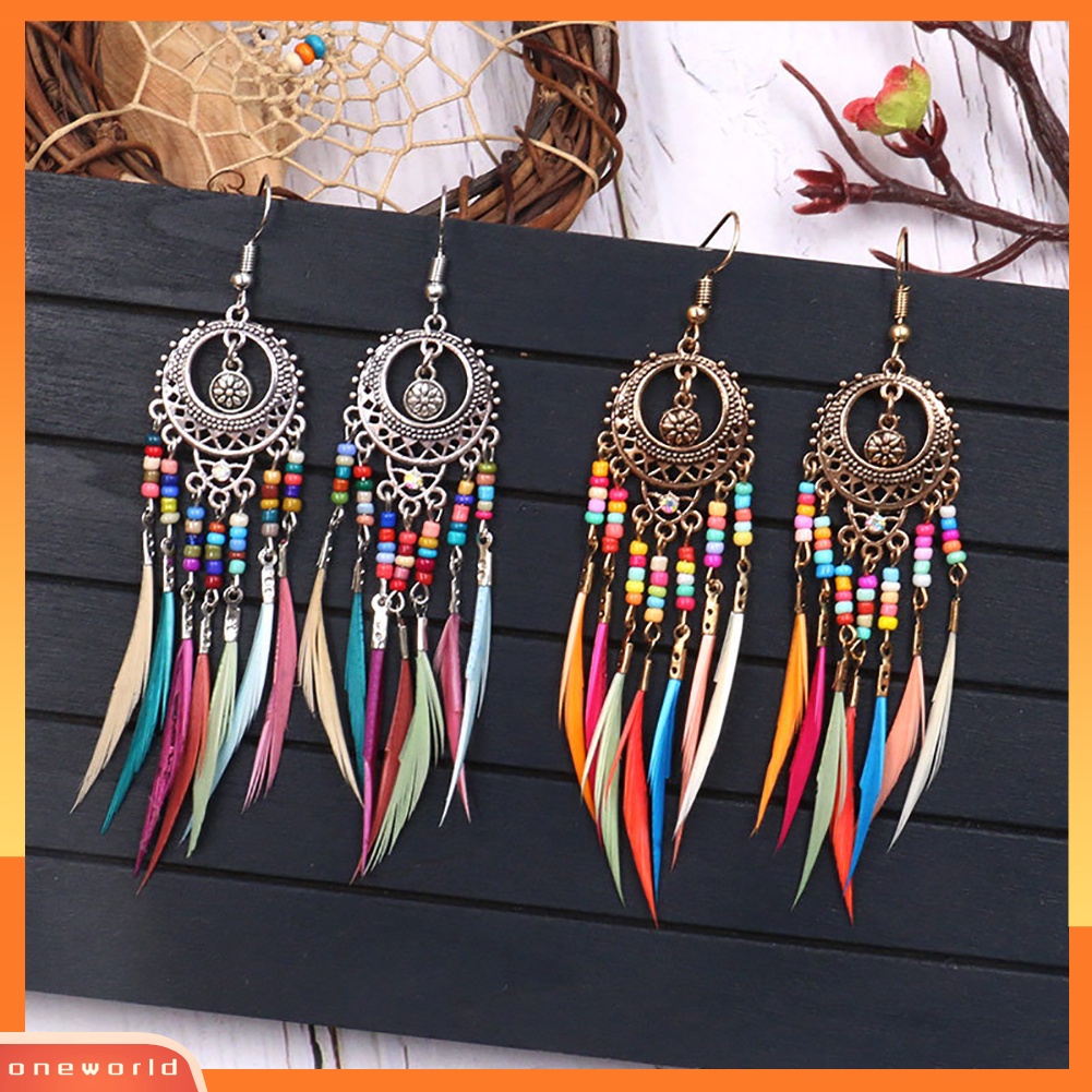 [WOD] Boho Wanita Berongga Ukir Lingkaran Bulu Rumbai Menjuntai Kait Anting Perhiasan