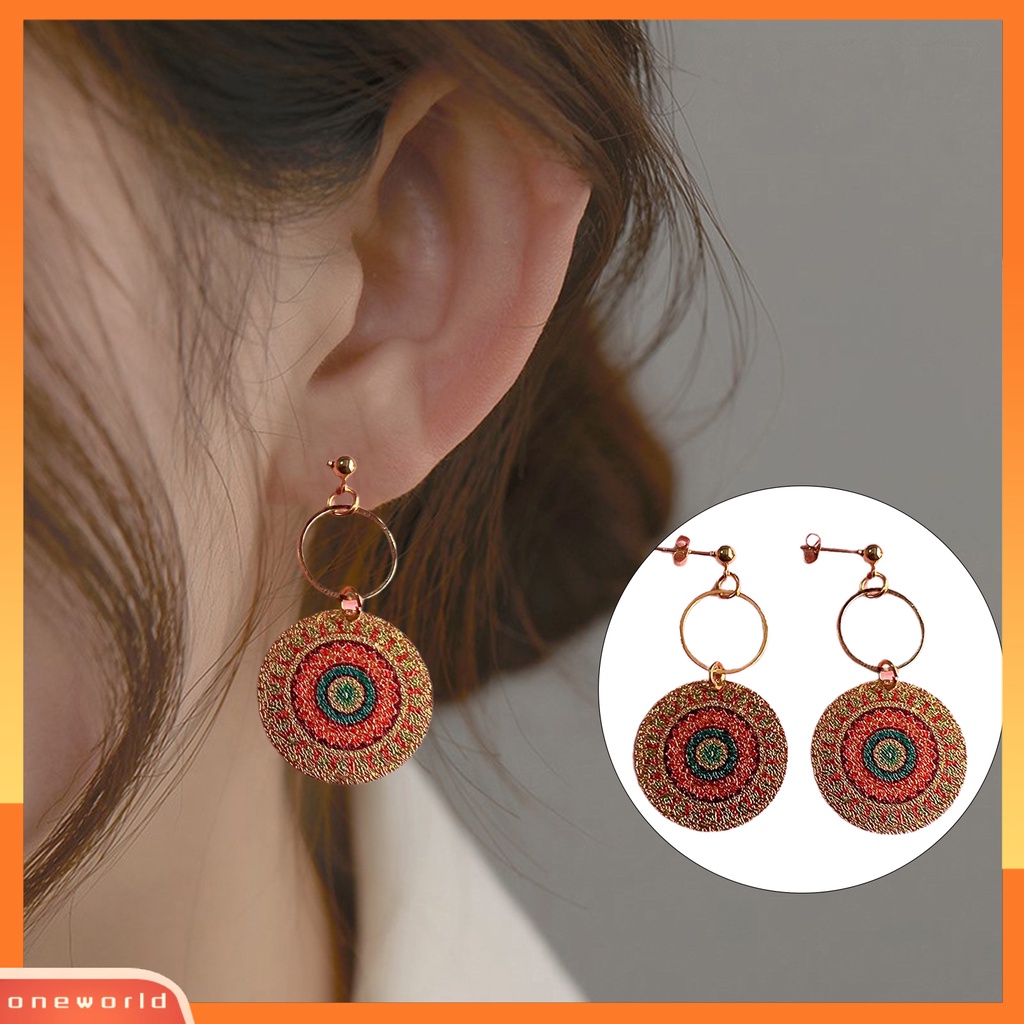 [WOD] 1pasang Anting Wanita Geometris Pola Vintage Perhiasan Electroplating Round Drop Earrings Hadiah Ulang Tahun