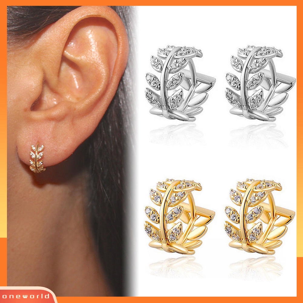 [WOD] Fashion Berlian Imitasi Daun Huggie Hoop Earrings Wanita Pesta Perjamuan Perhiasan Hadiah