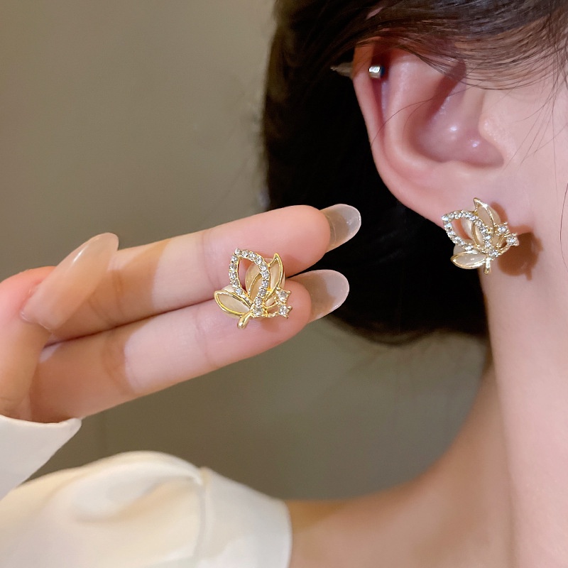 Gaya Korea Sederhana Kupu-Kupu Opal Batu Telinga Giwang Anting Premium Indah925 Perak Pin Anting