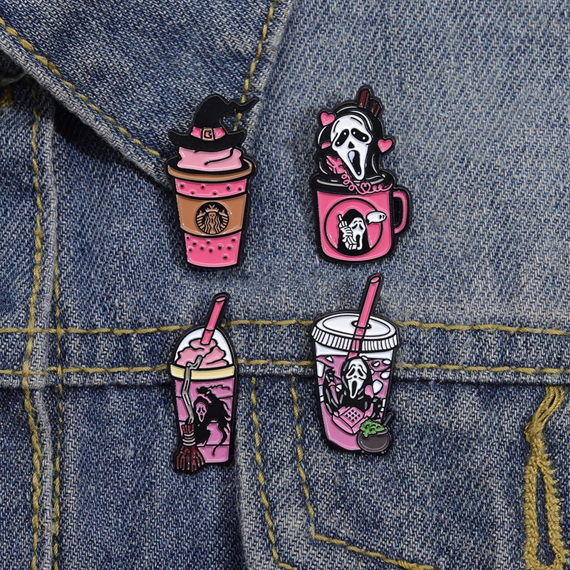 Punk Scream Ghost Face Enamel Pin Ramuan Penyihir Kopi Teh Jus Bros Kerah Pin Lencana Gothic Halloween Perhiasan Hadiah Untuk Teman