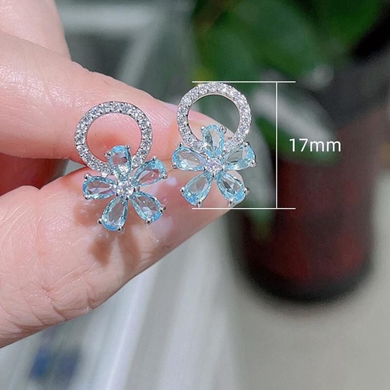 Anting Stud Bunga Cubic Zirconia Biru Muda Untuk Perempuan Warna Silver Temperamen Wanita Manis Earrings Statement Jewelry