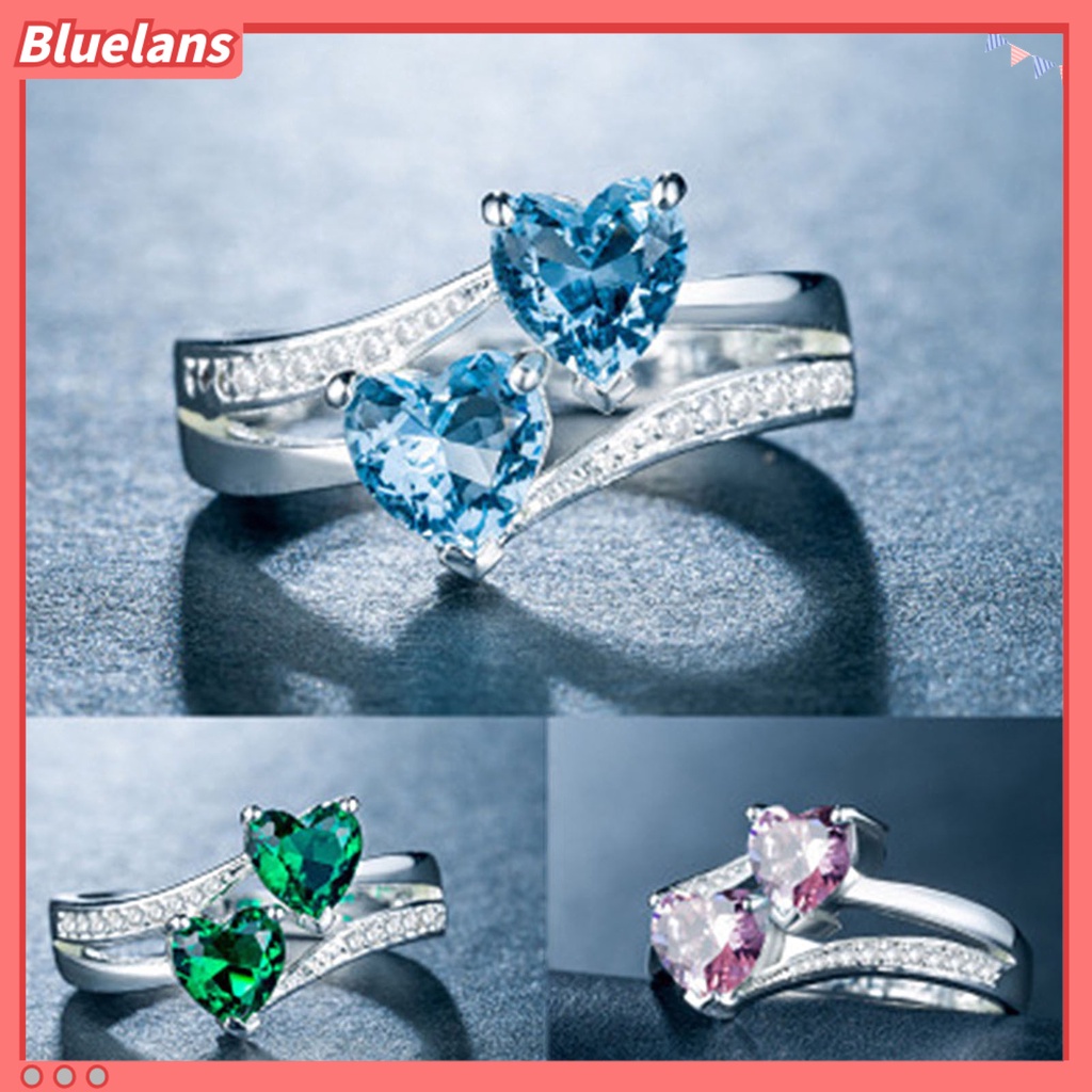 [BLS] Cincin Wanita Double Heart Sparkling Cubic Zirconia Fashion Penampilan Pita Jari Untuk Pesta