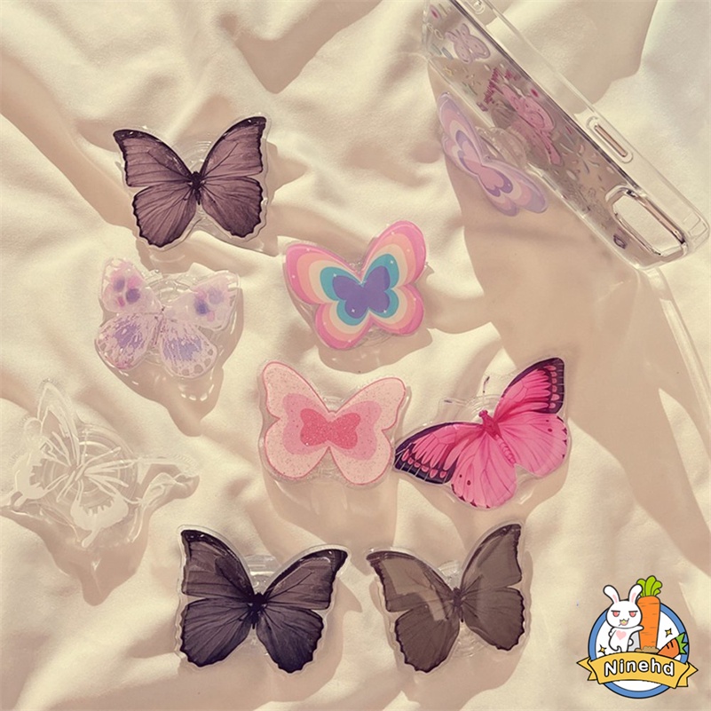 3d Kartun Akrilik Bening Ponsel Grip Gadis Jantung Berkilau Pink Kupu-Kupu Bantal Udara Ponsel Case Soket Ekspanding Stand Holder Lipat Desktop Handheld Holder Bracket