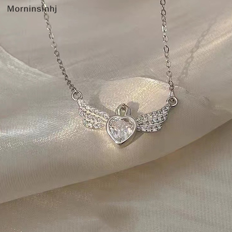 Mornin Gaya Korea Fashion Kristal Hati Sayap Liontin Kalung Warna Silver Mahkota Rantai Klavikula Untuk Wanita Pernikahan Perhiasan Aesthetic id