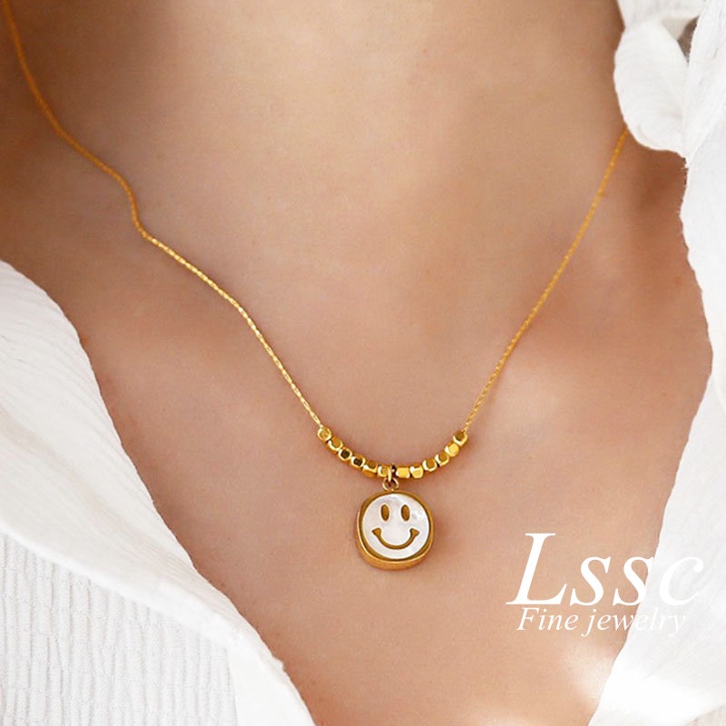 Kalung Titanium Wanita Smile Fashion Korea Aesthetic Cantik Emas 18K Anti Karat Aksesoris Perhiasan