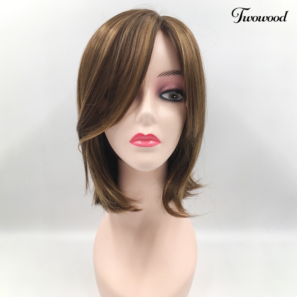 Twowood Warna Campur Pinggiran Samping Panjang Bahu Wanita Wig Pesta Hiasan Rambut Palsu