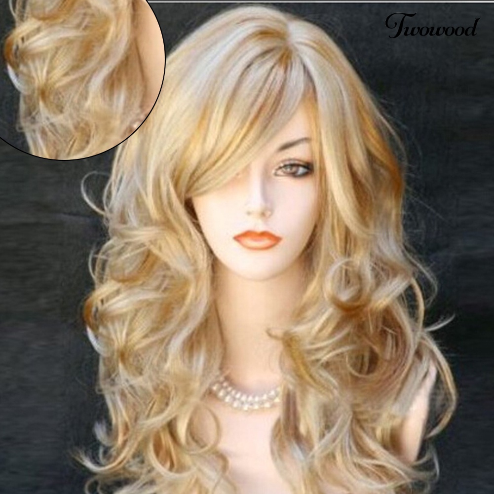 Twowood Sexy Golden Panjang Keriting Miring Poni Rambut Imitasi Wanita Wig Pesta Cosplay Sopak