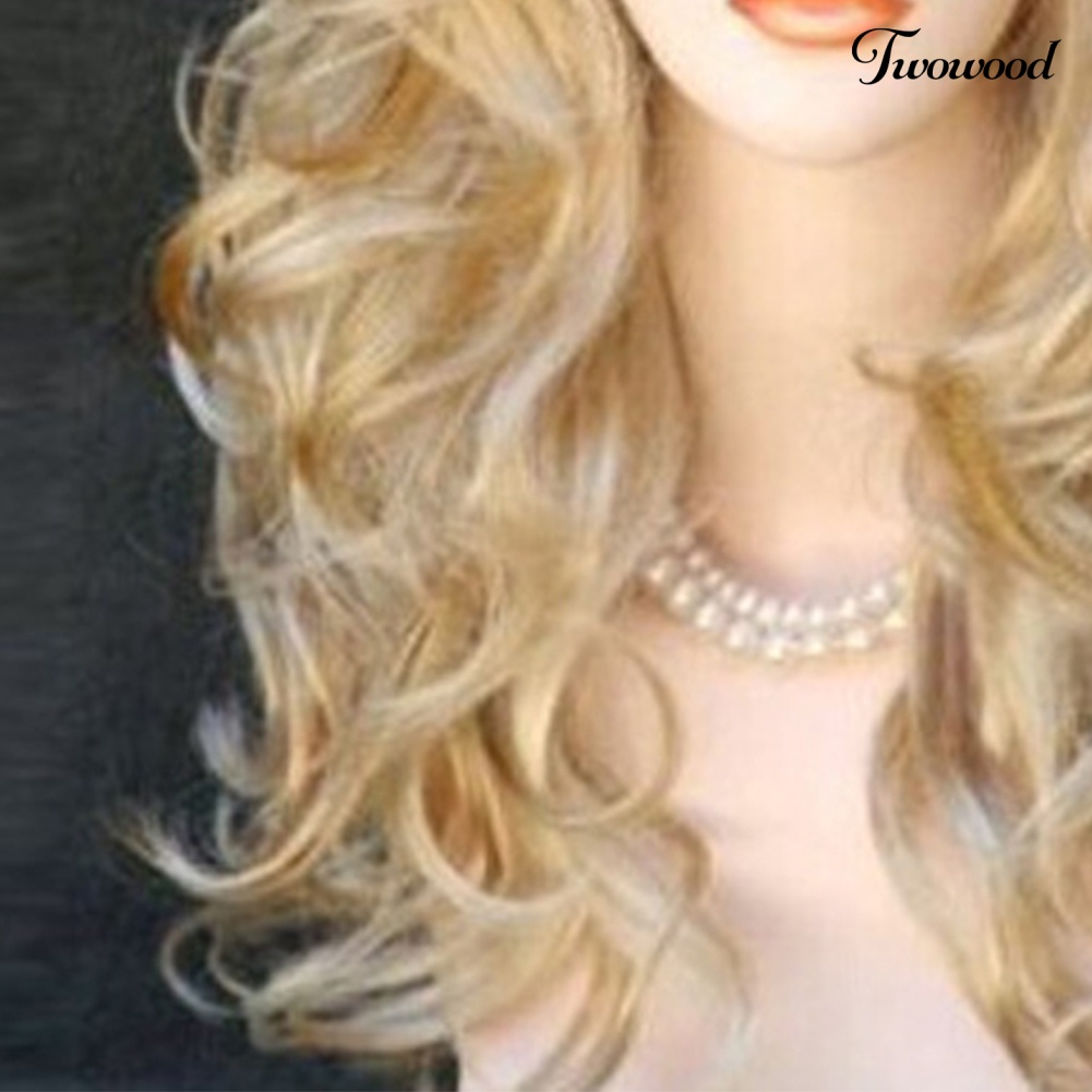 Twowood Sexy Golden Panjang Keriting Miring Poni Rambut Imitasi Wanita Wig Pesta Cosplay Sopak