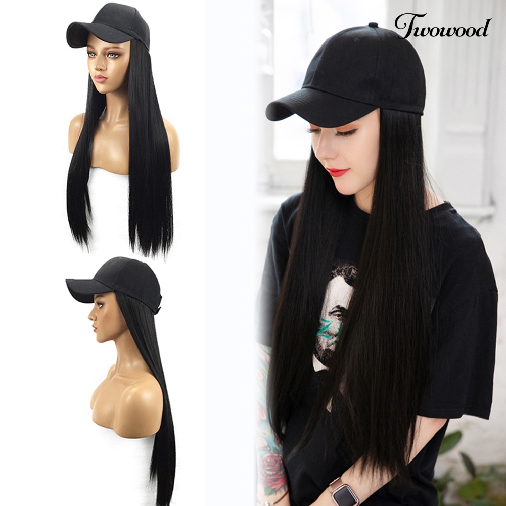 Twowood Wanita 2in1 Wig Rambut Sintetis Lurus Panjang Dengan Topi Pesta Ekstensi Sopak