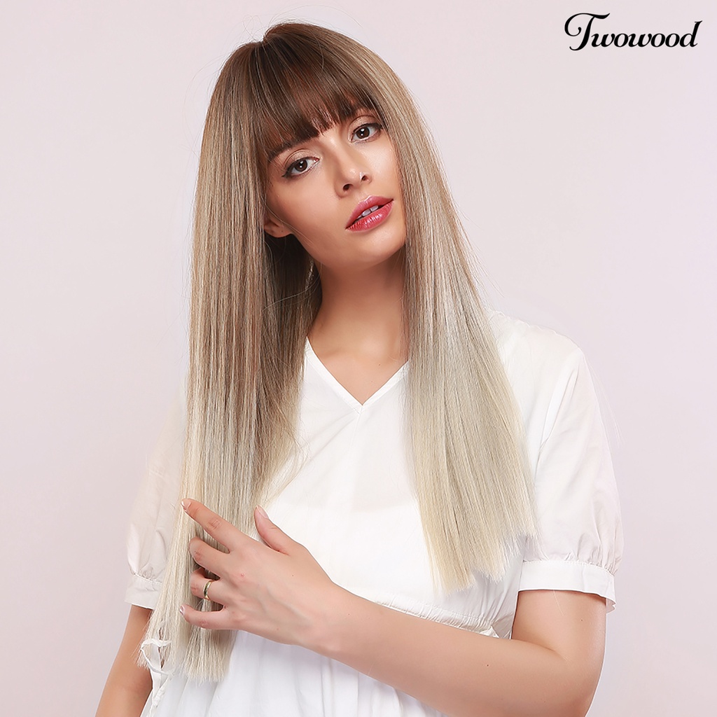 Wig Twowood Wanita 24inch Tahan Panas Panjang Lurus Rambut Alami Sintetis Dengan Bang