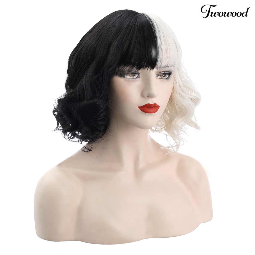 Twowood Cruella Wig Vivid Styles Wavy Serat Suhu Tinggi Setengah Hitam Kecil Pendek Keriting Karena Wig Alat Cosplay