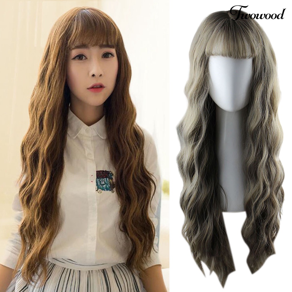 Twowood Wanita Wig Non-dropable Fluffy Bernapas Rambut Styling Alami Keriting Gelombang Besar Jagung Perm Matte Wig Dengan Poni Udara Digunakan Wanita