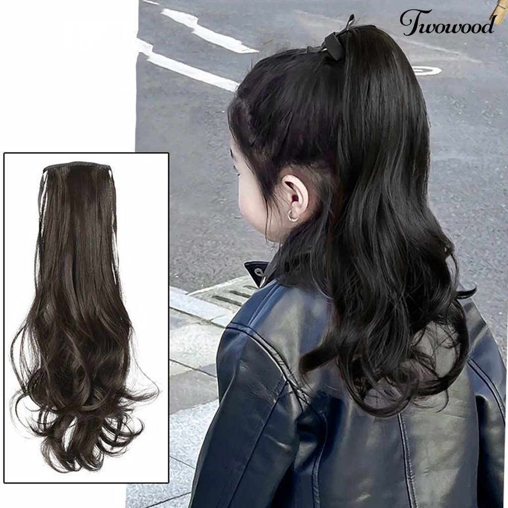 Twowood Hair Extension Breathable Mesh Hole Anti-Slip Fluffy Natural Look Tie Ponytail Serat Suhu Tinggi Anak Perempuan Panjang Sedang Curly Hair Extension Penggunaan Sehari-Hari