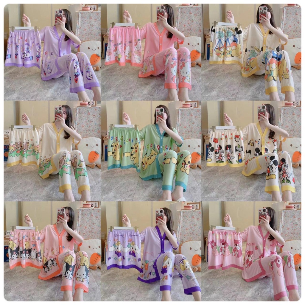 TOPGROSIR TG1735 Set Piyama Baju Tidur Wanita 3 in 1 Import / Baju Tidur Oversize Wanita Berkancing