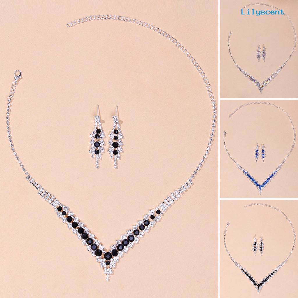 [LS]1 Set Kalung Pengantin Elegan Dainty Temperamen Mulia Berkilau Berwarna Berlian Imitasi Menjuntai Anting Kit Perhiasan Pernikahan