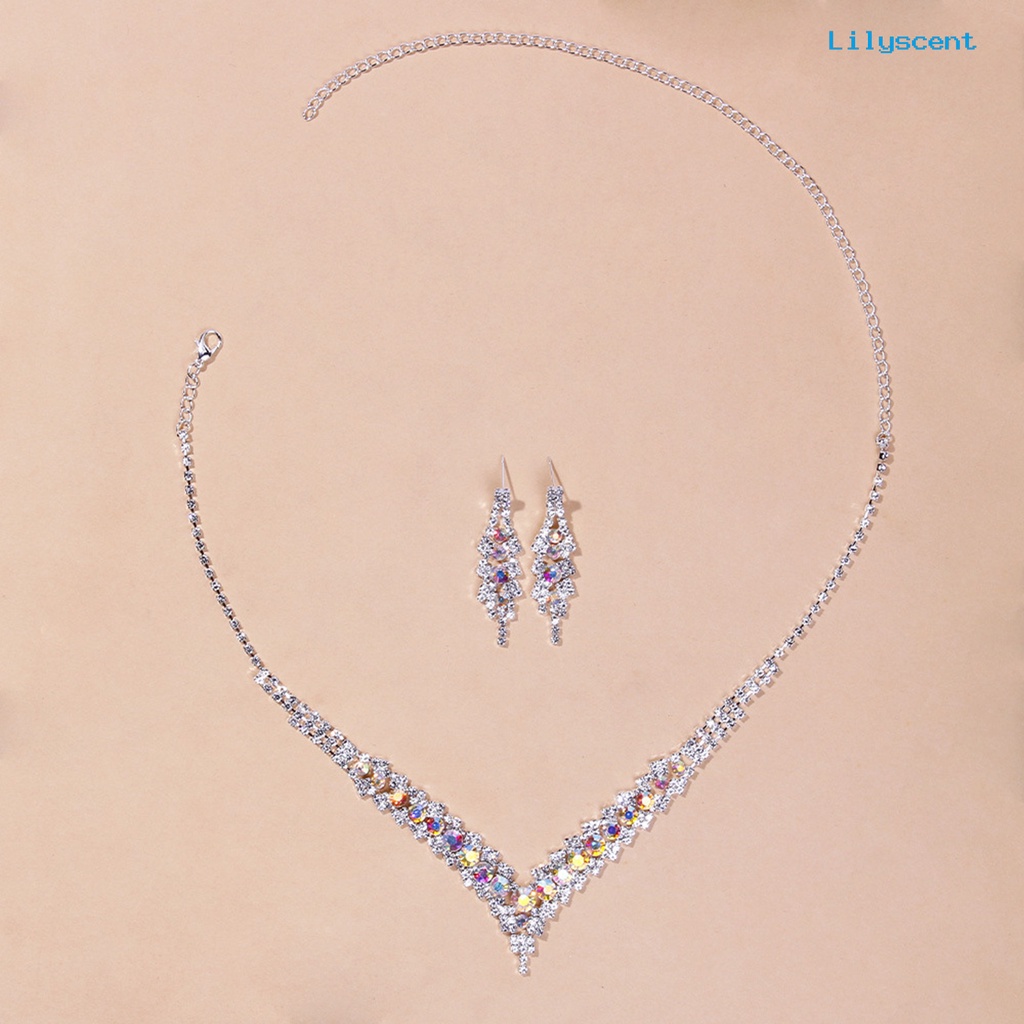 [LS]1 Set Kalung Pengantin Elegan Dainty Temperamen Mulia Berkilau Berwarna Berlian Imitasi Menjuntai Anting Kit Perhiasan Pernikahan