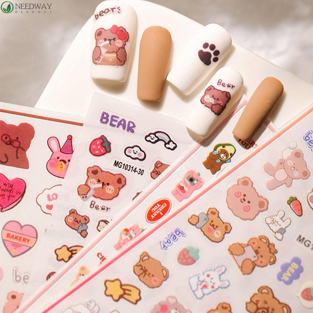 Needway Seri Beruang Stiker Kuku Beberapa Warna Decals Self Adhesive DIY Nail Art Dekorasi