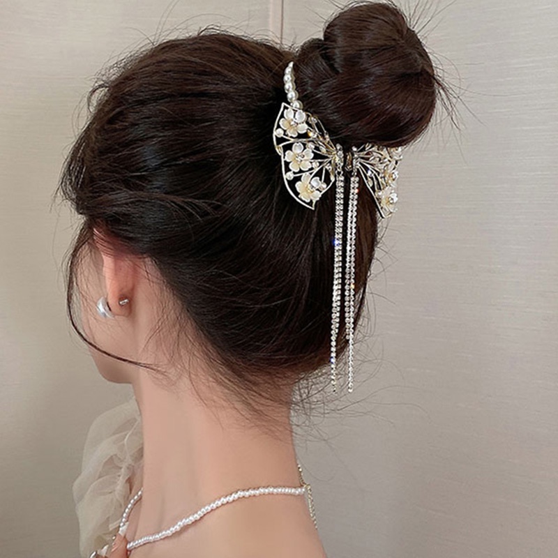 Camellia Busur Berlian Imitasi Mutiara Rumbai Kepala Bola High-End Hair Clip