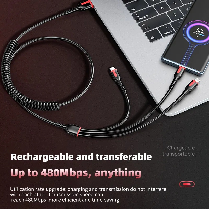 Kabel 3in1 66W 6A USB Tipe C Banyak Port Quick Charge Jalur Data Kabel Mobil Pegas USB Mikro Menebal Kabel Charger Tahan Lama Kabel Pengisian Cepat Kompatibel Dengan iphone &amp;Android