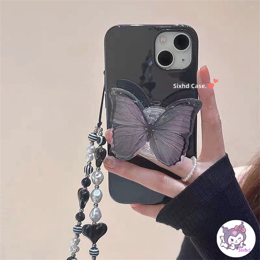 IPHONE Kompatibel Untuk Iphone14 13 12 11 Pro Max SE2020 X Xr Xs Max8 7 Plus Gaya Baru Ins Fashion Hitam Butterfly Phone Case +Lanyard +Bracket Lembut Anti Jatuh Pelindung TPU Cover