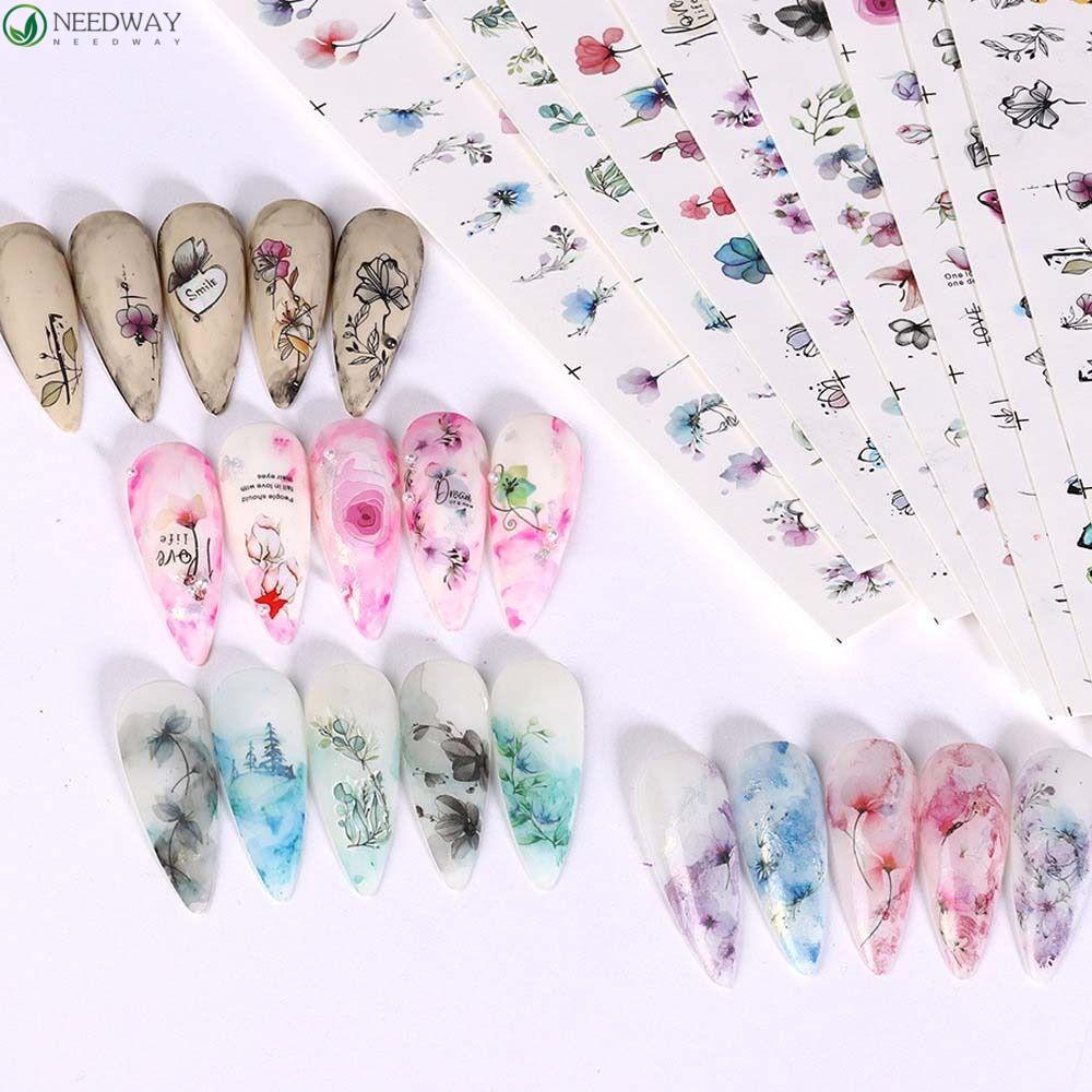 Needway Bunga Stiker Kuku Wanita Musim Semi Musim Panas Daun Cinta Hati Tinta Bunga Graffiti Slider Nail Dekorasi