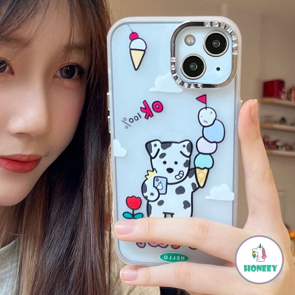 Casing Ponsel Kerucut Es Krim Anjing Bercak Keren Untuk iPhone 11 Pro Max12 13 14 Pro Max XR XS 7 8Plus Perlindungan Lensa Berlapis Bening Penutup Belakang