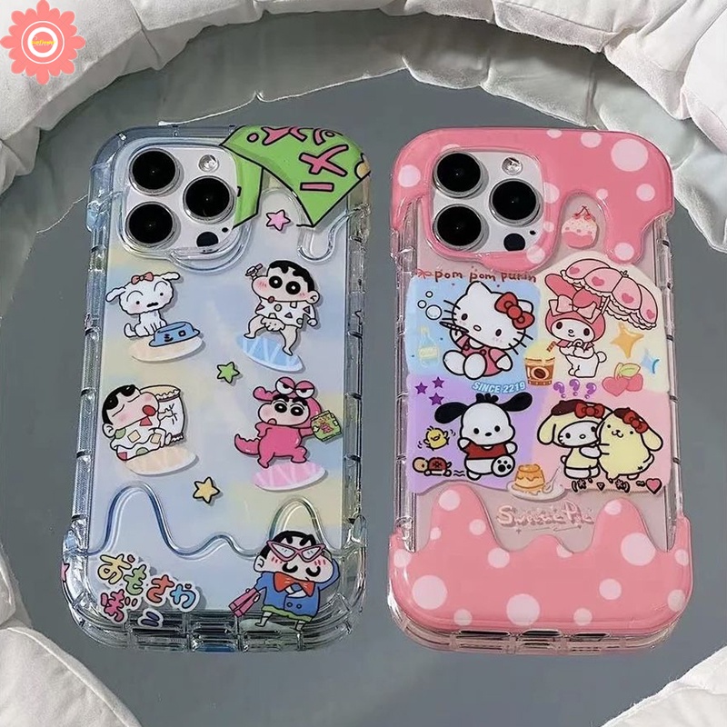 Cute Hello Kitty Pochacco Kuromi Case Kompatibel Untuk IPhone 7Plus 11 12 13 14 Pro Max XR X7 8 Plus XS Max Se2020 3D Ice Cream Kartun Crayon Shin-chan Lembut TPU Cover