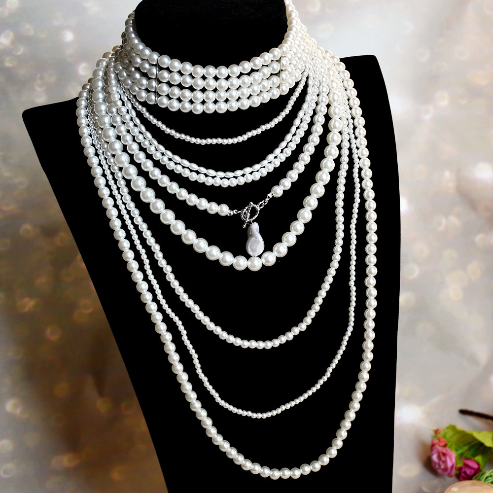 Kalung Mutiara Pearl Knotted Pearl Sweater Rantai Gaya Hepburn Manik-Manik Kalung Rantai Mutiara Panjang Cahaya Perhiasan Pakaian Mewah Selebriti Prancis Berkelas