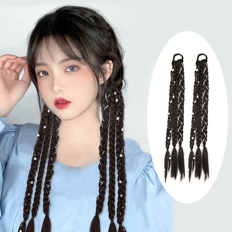 Fashion Wig Panjang Ponytail Kepang Tali Rambut Mutiara Rantai Wig Ikat Rambut Wanita Aksesoris Rambut