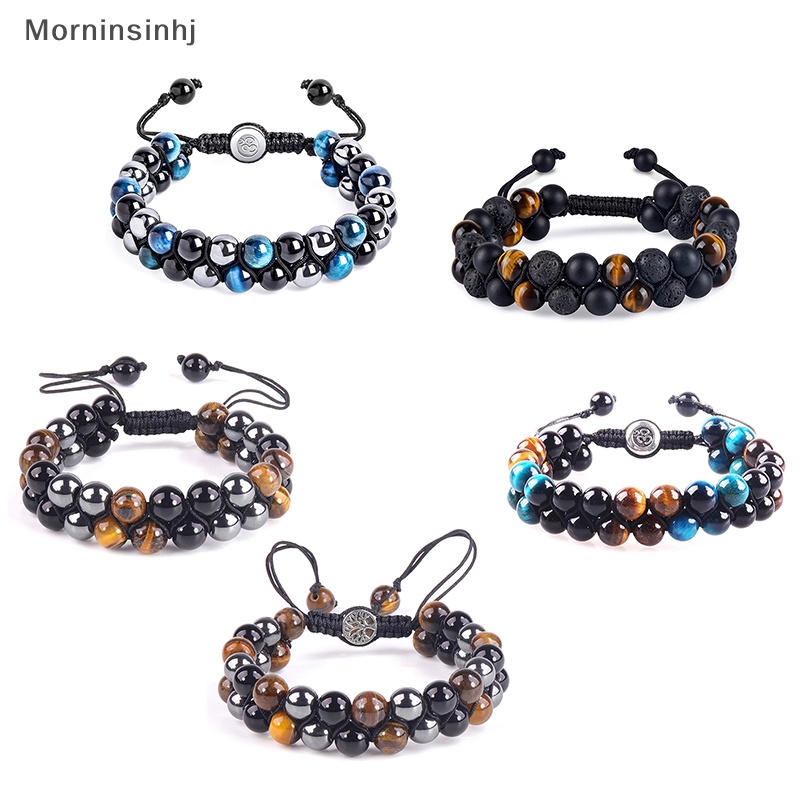 Mornin Double Layers Tiger Eye Agate Bracelet Braided Adjustable Black Magnet Yoga Beads Bracelet Untuk Pria Hadiah Perhiasan Kreatif id