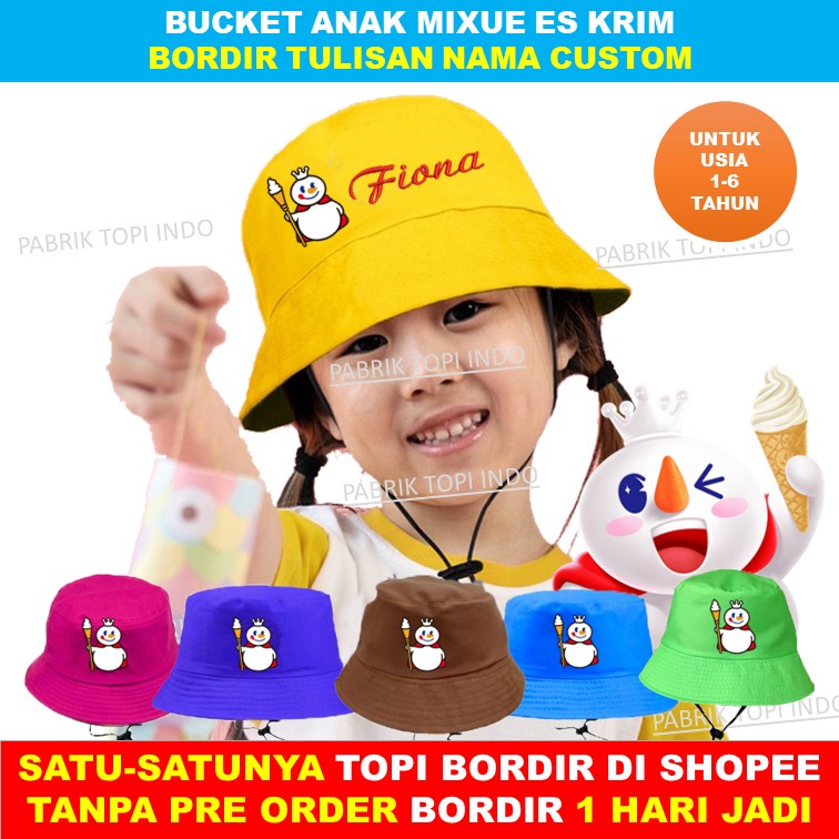 Topi Mixue Anak Bucket Mixue Es Krim dan Bordir Nama Anak Usia 1 - 6 Tahun