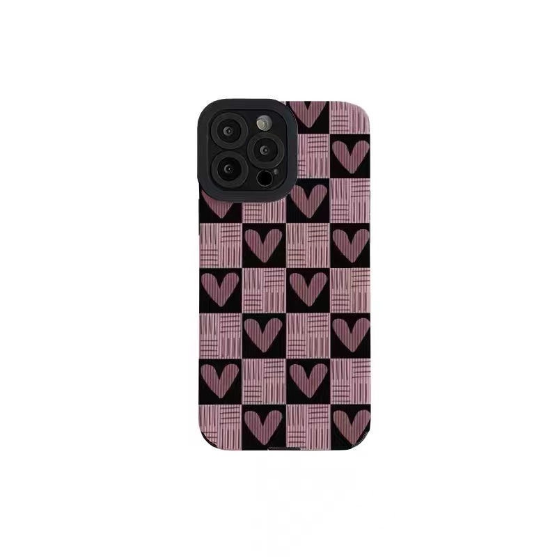 All New Checkered Pink Heart Leather Soft Case IPhone 7 Plus 8 Plus X XS XR XS Max 11 13 12 14 PRO Max 14 Plus SE Mini Phone Case Girl Girl Women's Fashion Pretty Case