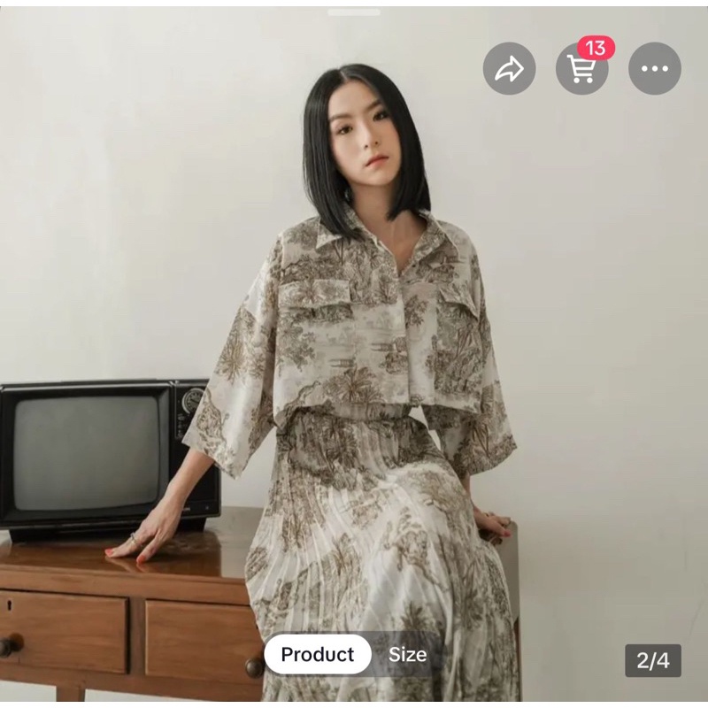 BEFAST - ZRD SETELAN ONA / One Set Wanita Nature Korean Vintage / ONE SET BAJU WANITA FLORAL NATUR / SET FUJI / Setelan Wanita Keluaran Terbaru / Outfit Ala Korean Style Wanita / Set Kemeja Crop+Rok Midi Plisket / Pakaian Casual Wanita Formal