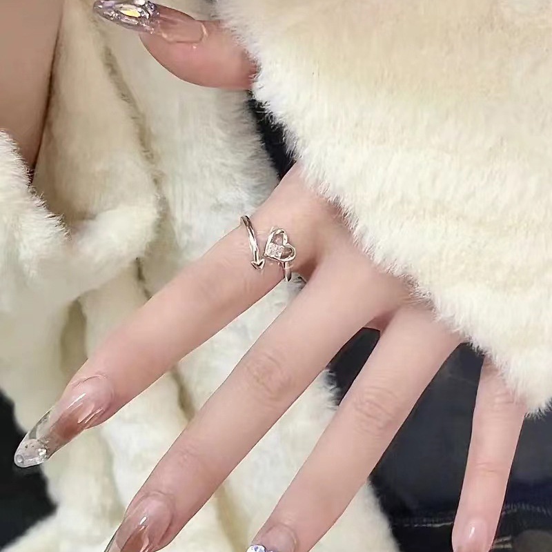 Indah Hati Zirkon Bertatahkan Cincin Terbuka Perempuan Sederhana Rasa Tinggi Desain Niche Tren Fashion Perhiasan Serbaguna