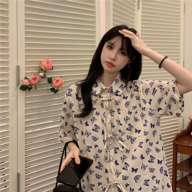 Kupu-Kupu Kemeja Import Wanita Lengan Pendek Bertali Casual Blouse