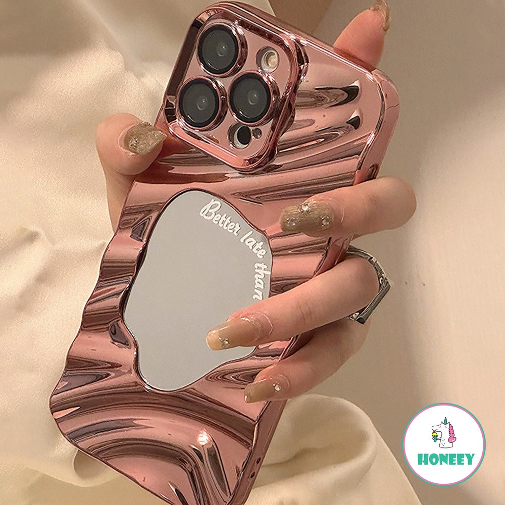 Ins Ripple Air Glossy Disepuh Makeup Mirror Phone Case Kompatibel Untuk iPhone 11 Pro Max13 12 Pro 14promax Fashion Tidak Teratur Penutup Belakang