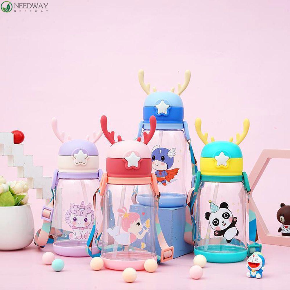 Needway Botol Air Anak Lucu Fashion Dengan Tali Bahu Tanduk Botol Panda Botol Air Minum Sedotan Cangkir