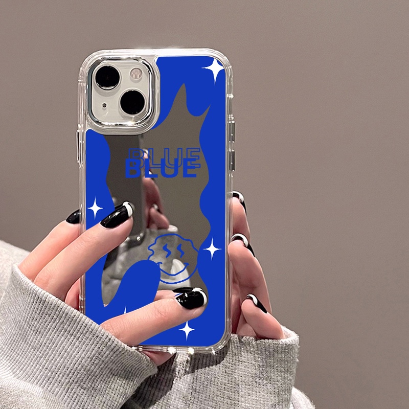 IPHONE Casing Ponsel Cermin Biru Terang Berkilau Kompatibel Untuk Iphone11 12 13 14 12Pro 13Pro 14Pro Pro Max XR X XS Max Electroplating Tombol Perlindungan Mirror Cover