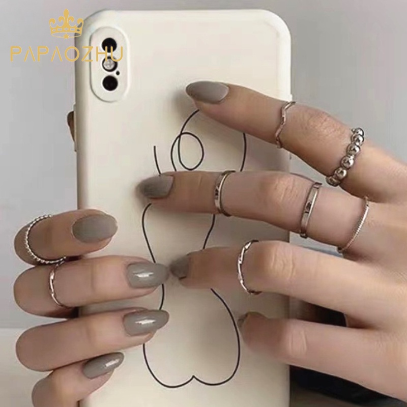 Papaozhu 8PCs Ins Trendi Perak Geometris Susun Cincin Untuk Wanita Gadis Korea Buku Jari Cincin Set Minimalis Perhiasan Set