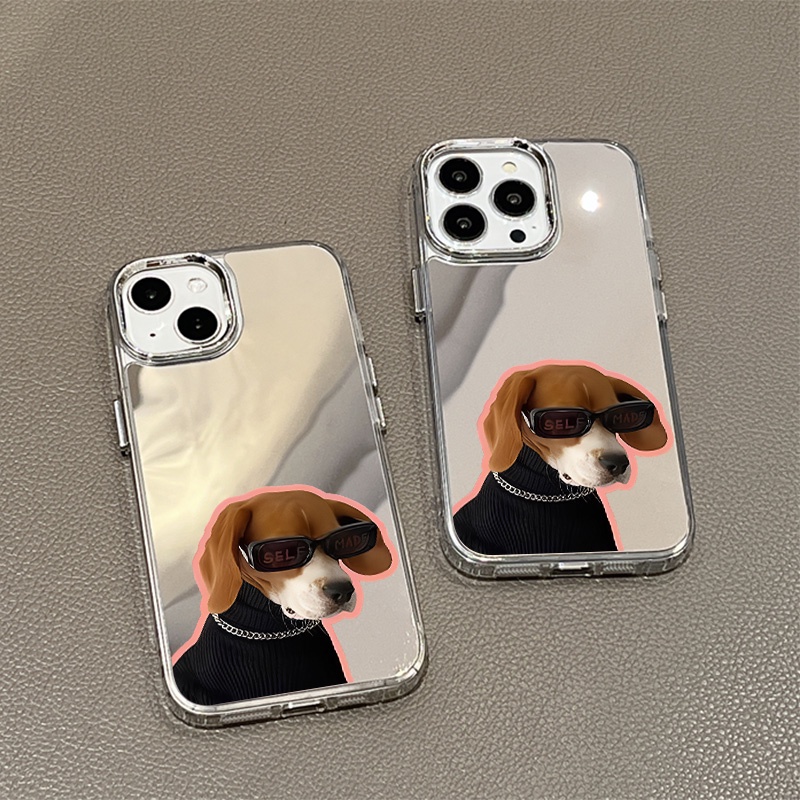 IPHONE Kacamata Hitam Keren Dog Mirror Phone Case Kompatibel Untuk Iphone11 12 13 14 12Pro 13Pro 14Pro Pro Max XR X XS Max Electroplating Tombol Perlindungan Mirror Cover