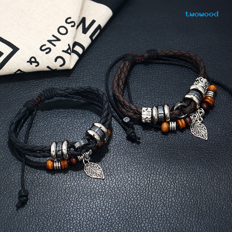 Twowood Kepribadian Fashion Kreatif multi-layer Anyaman Daun Liontin Pria Gelang Kulit