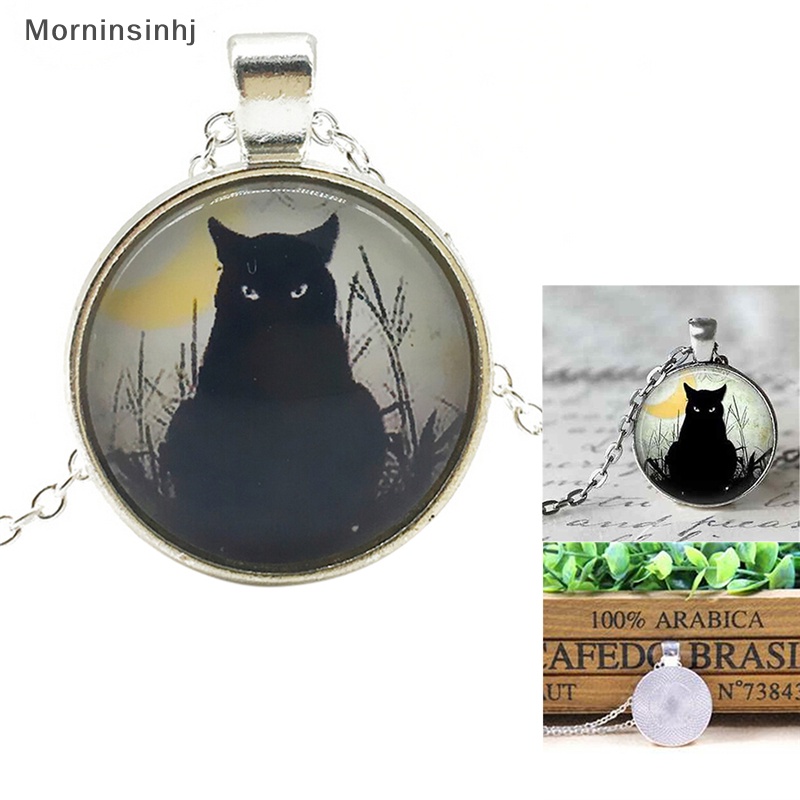 Mornin Chic Wanita Vintage Black Cat Cabochon Silver Plated Rantai Kaca Liontin Kalung id