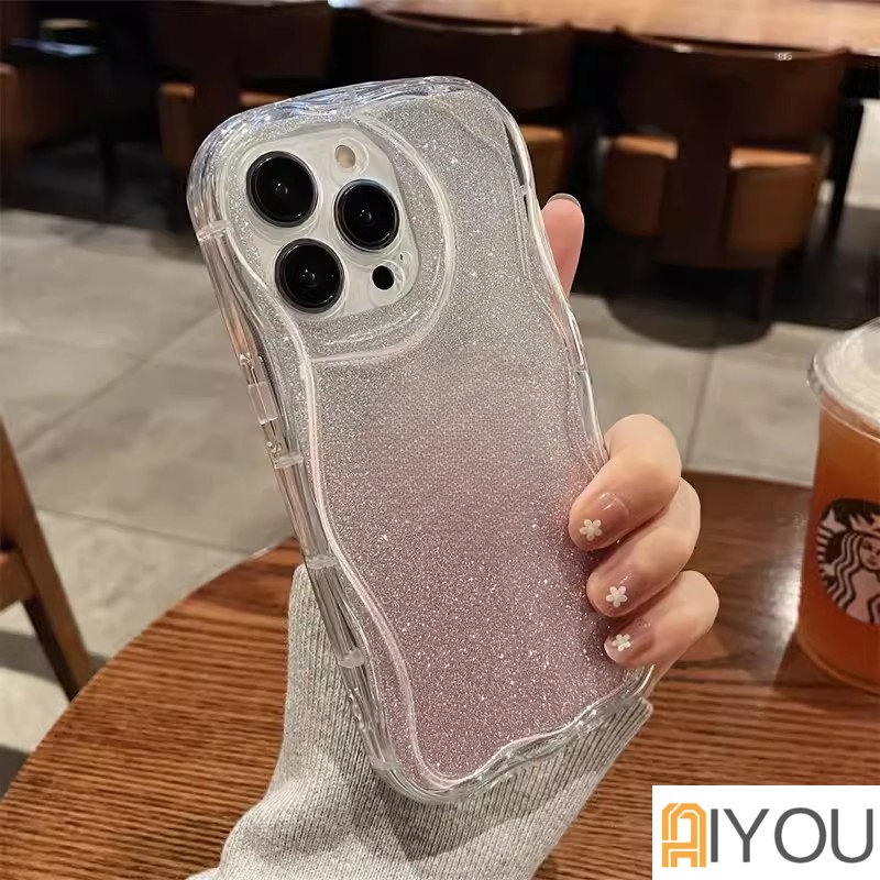 IPHONE Ins Gradiasi Glitter Bening Ponsel Case Untuk Iphone14 13 12 11 Pro Max X XR Xs7 8 Plus S2022 Curly Wavy Frame Shockproof Cover