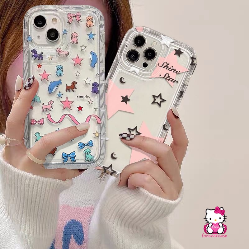 IPHONE Pasangan Airbag Shockproof Kartun Bintang Mengkilap Casing Belakang Kompatibel Untuk Iphone11 13 14 12 Pro MAX XR XS X Max7 6 8 6S Plus Fun Dog Whale Ins Korea Creative Bowknot Soft Cover