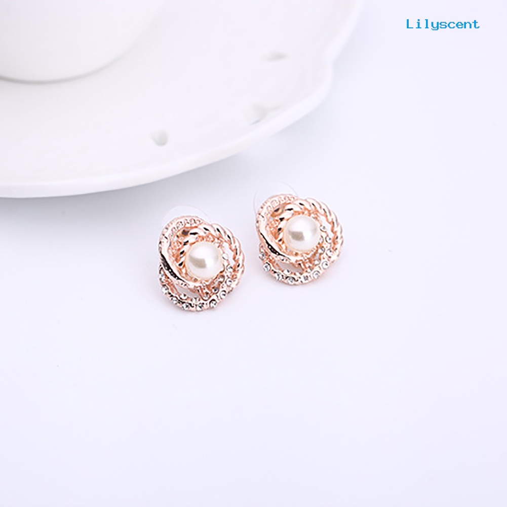 [LS]Wanita Mutiara Imitasi Berlian Imitasi Hias Kalung Anting Telinga Studs Set Perhiasan