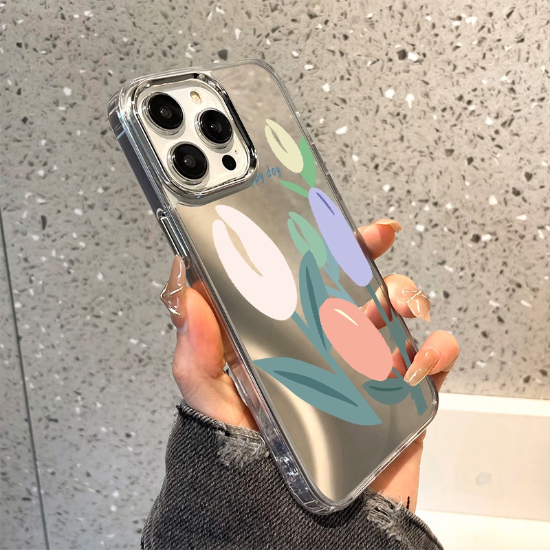 IPHONE Casing Ponsel Cermin Tulip Kompatibel Untuk Iphone11 12 13 14 12Pro 13Pro 14Pro Pro Max XR X XS Max Electroplating Tombol Perlindungan Mirror Cover