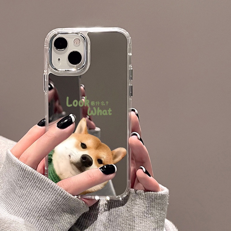 IPHONE Casing Ponsel Cermin Anjing Lucu Kompatibel Untuk Iphone11 12 13 14 12Pro 13Pro 14Pro Pro Max XR X XS Max Electroplating Tombol Perlindungan Mirror Cover