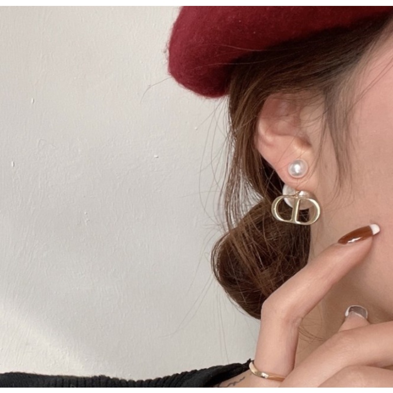 Ahellogirl Bunga Mutiara Zirkon Anting Perempuan Vintage Perancis Ganda C Perak Disepuh Earrings