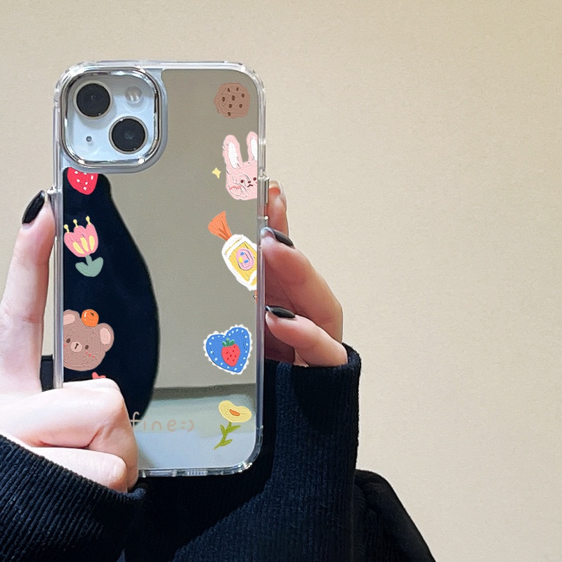 IPHONE Kartun Lukisan Cermin Ponsel Case Kompatibel Untuk Iphone11 12 13 14 12Pro 13Pro 14Pro Pro Max XR X XS Max Electroplating Tombol Perlindungan Mirror Cover